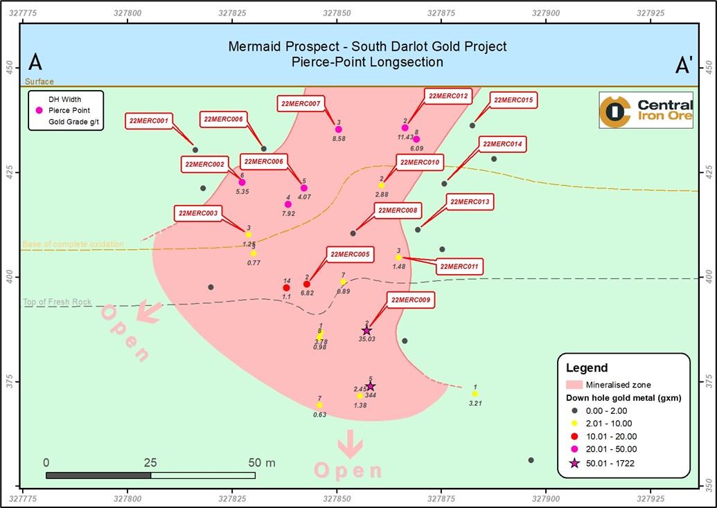 Long section of Mermaid prospect showing mineralised intercepts.