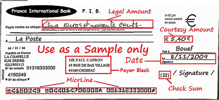 Here is an example illustration of a French check with the fields easily extracted and verified to help prevent fraud.