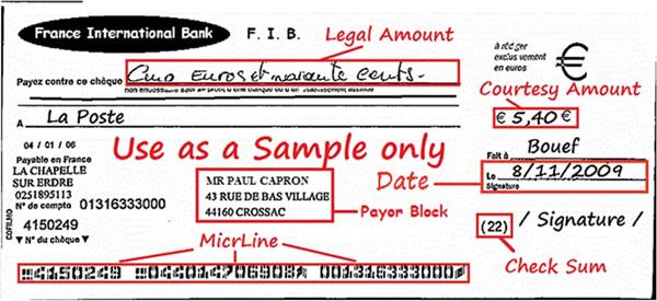 Here is an example illustration of a French check with the fields easily extracted and verified to help prevent fraud.