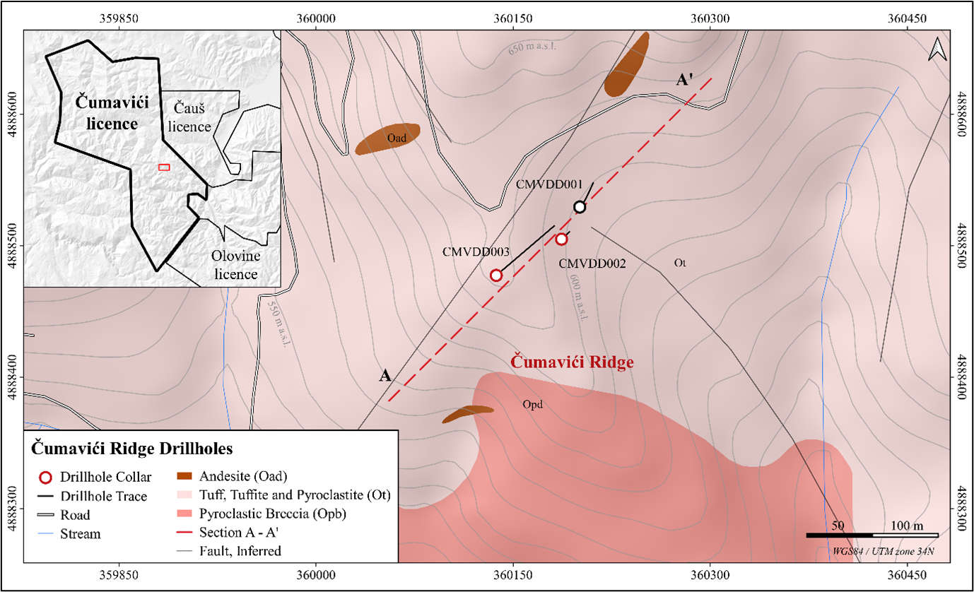 Plan map of diamond drillholes CMVDD001 to CMVDD003 targeting the shallow polymetallic mineralization hosted by andesitic volcanics and tuffs at the Cumavici Ridge locality. CMVDD003 marks an 83-m step out successfully intersecting the down-dip extension of the vein (click here to view image).