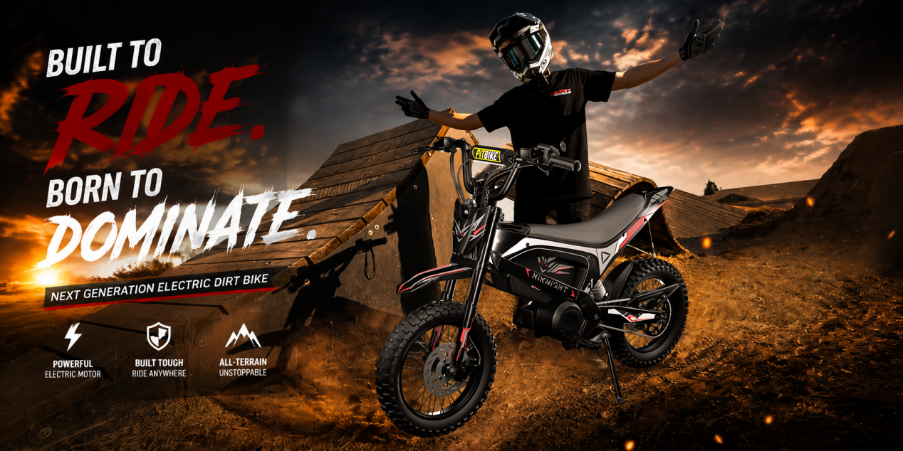 A proud rider stands behind the HiKNiGHT GTX1 electric dirt bike in a scenic outdoor off-road setting.
