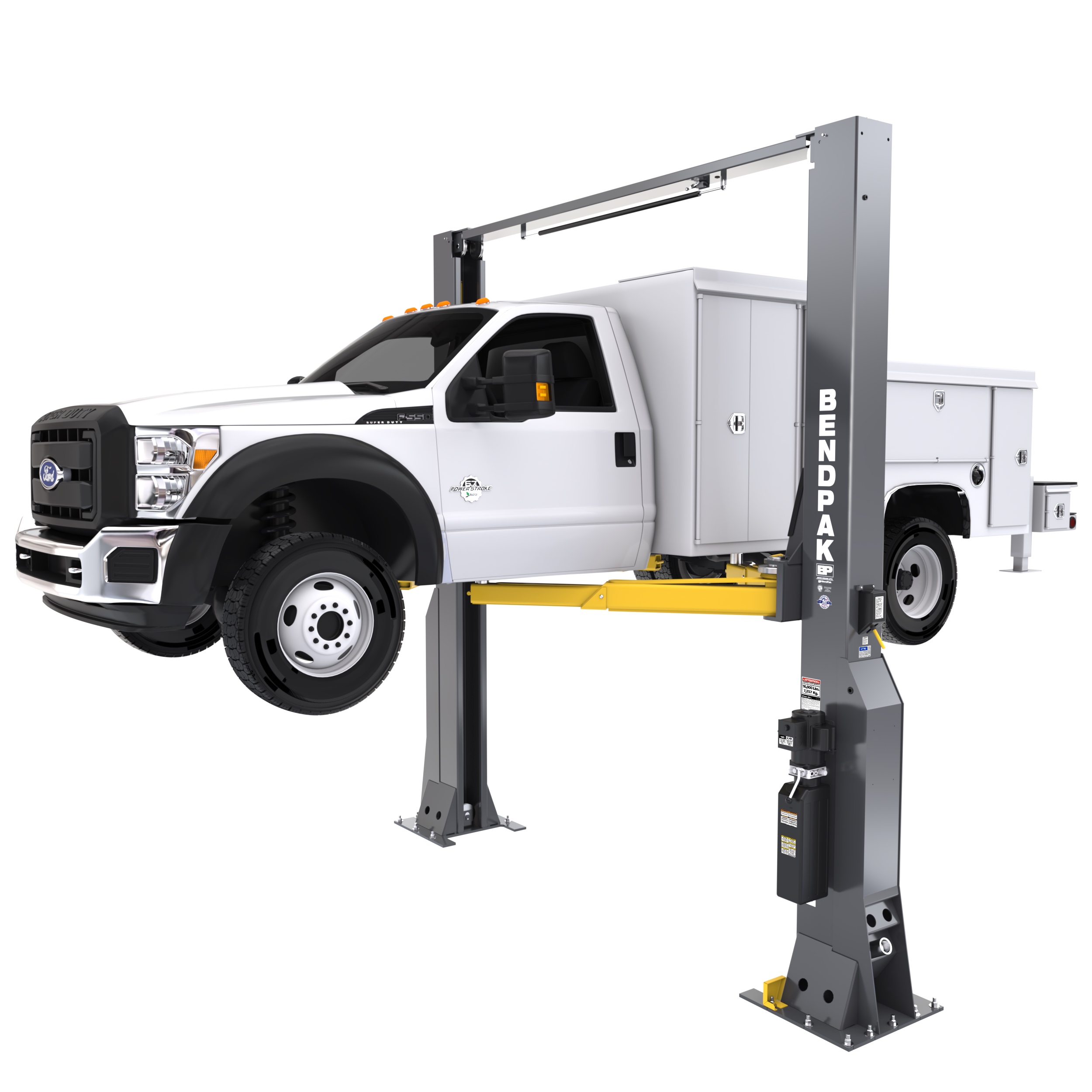 BendPak 16AP two-post lift holding up a work truck