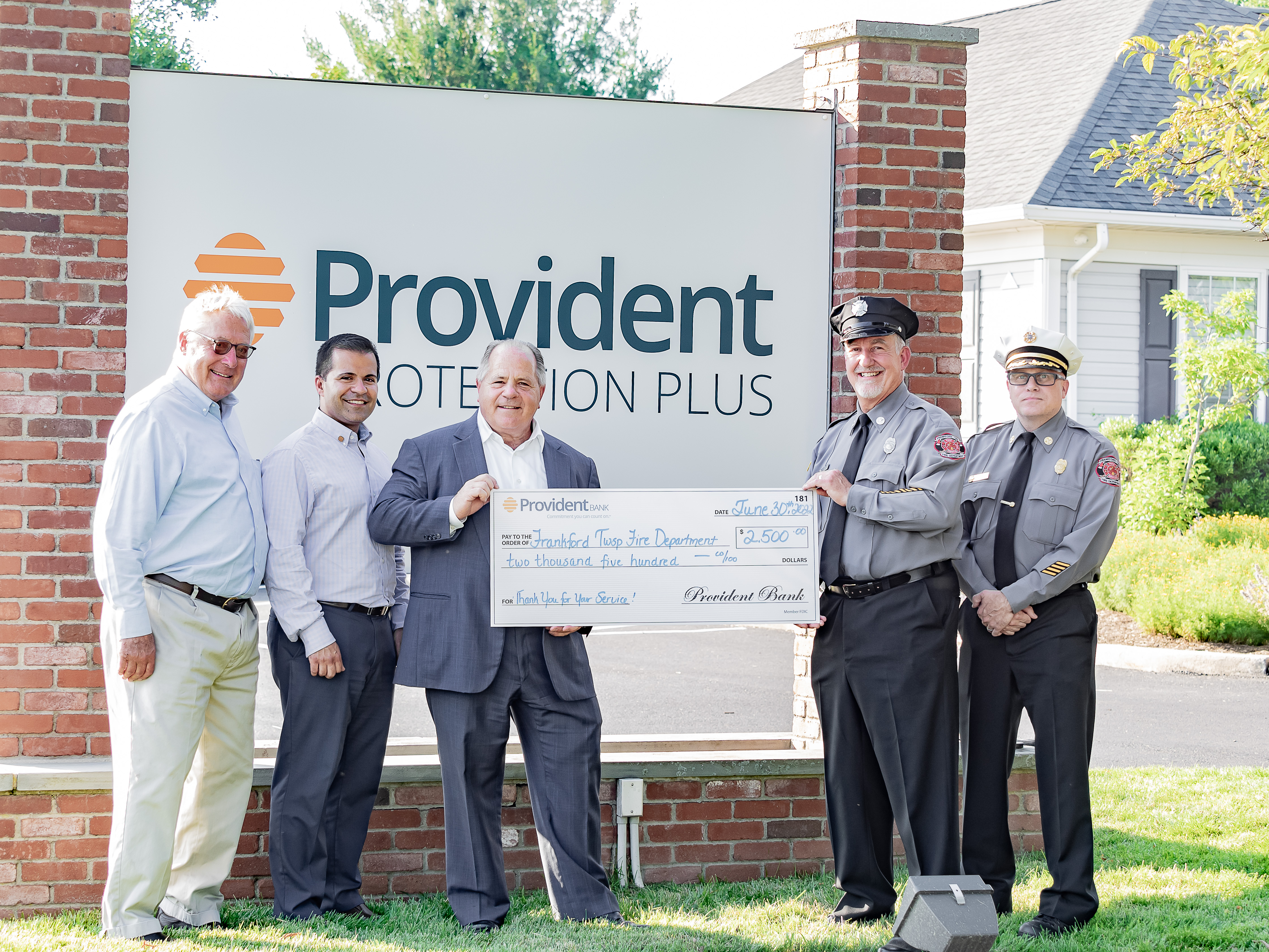 Pictured (L-R) Sam Castimore, Mayor, Frankford Township; David Henriques, Commercial Lines Team Leader, Provident Protection Plus; George Lista, President & CEO, Provident Protection Plus; Mike Fox, President, Frankford Township Fire Department; Steve Losey, Chief, Frankford Township Fire Department.