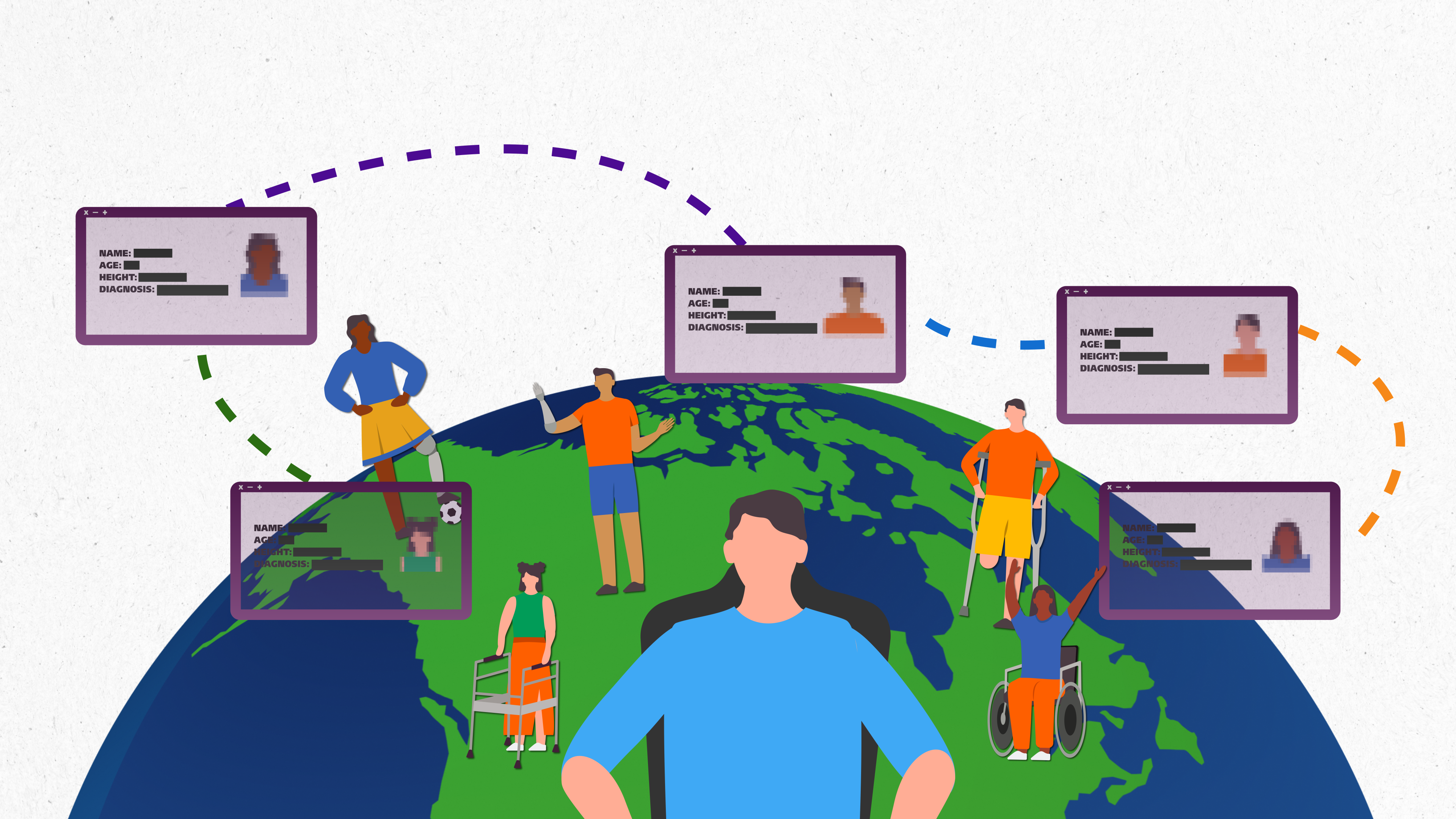 Graphic of a globe with six diverse individuals with disabilities and developmental differences, connected by digital screens displaying their de-identified clinical data. Logos of Holland Bloorview Kids Rehabilitation Hospital and Gillette Children's are visible, highlighting a theme of harnessing data to advance pediatric innovation.