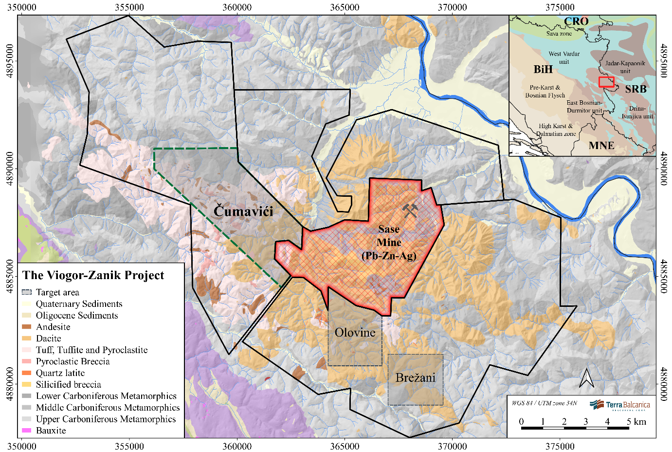 Geological map of the 3-licence, 216 km2 Viogor Zanik project cluster in eastern Bosnia with the Cumavici prospect/licence in its NW sector. The Sase mine (Mineco Ltd.) producing 330,000 tpa of Pb-Zn-Ag concentrate is located at the centre of Terra Balcanica’s exploration portfolio.