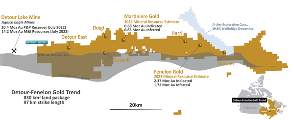 A colored map showing Wallbridge's Detour-Fenelon Gold Trend land package