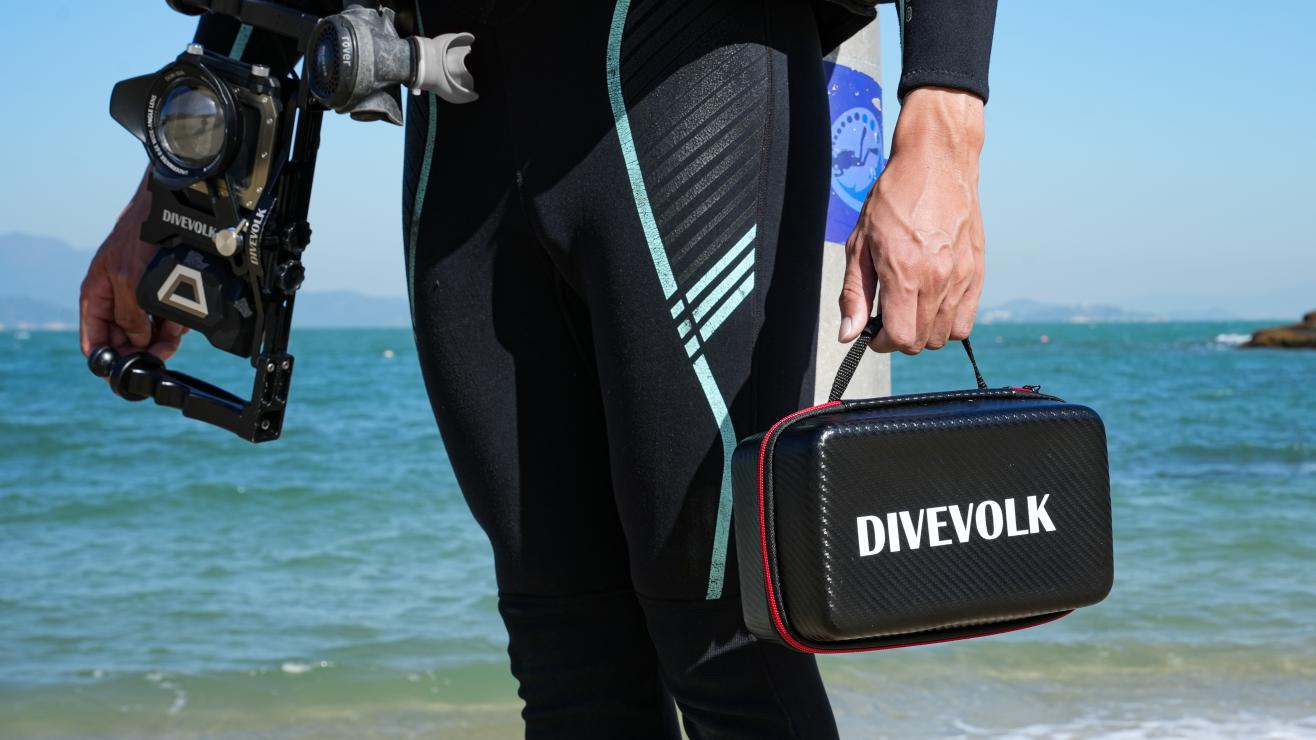 A diver stands by the seaside, carrying a DIVEVOLK travel case and a rig equipped with dual handles tray
