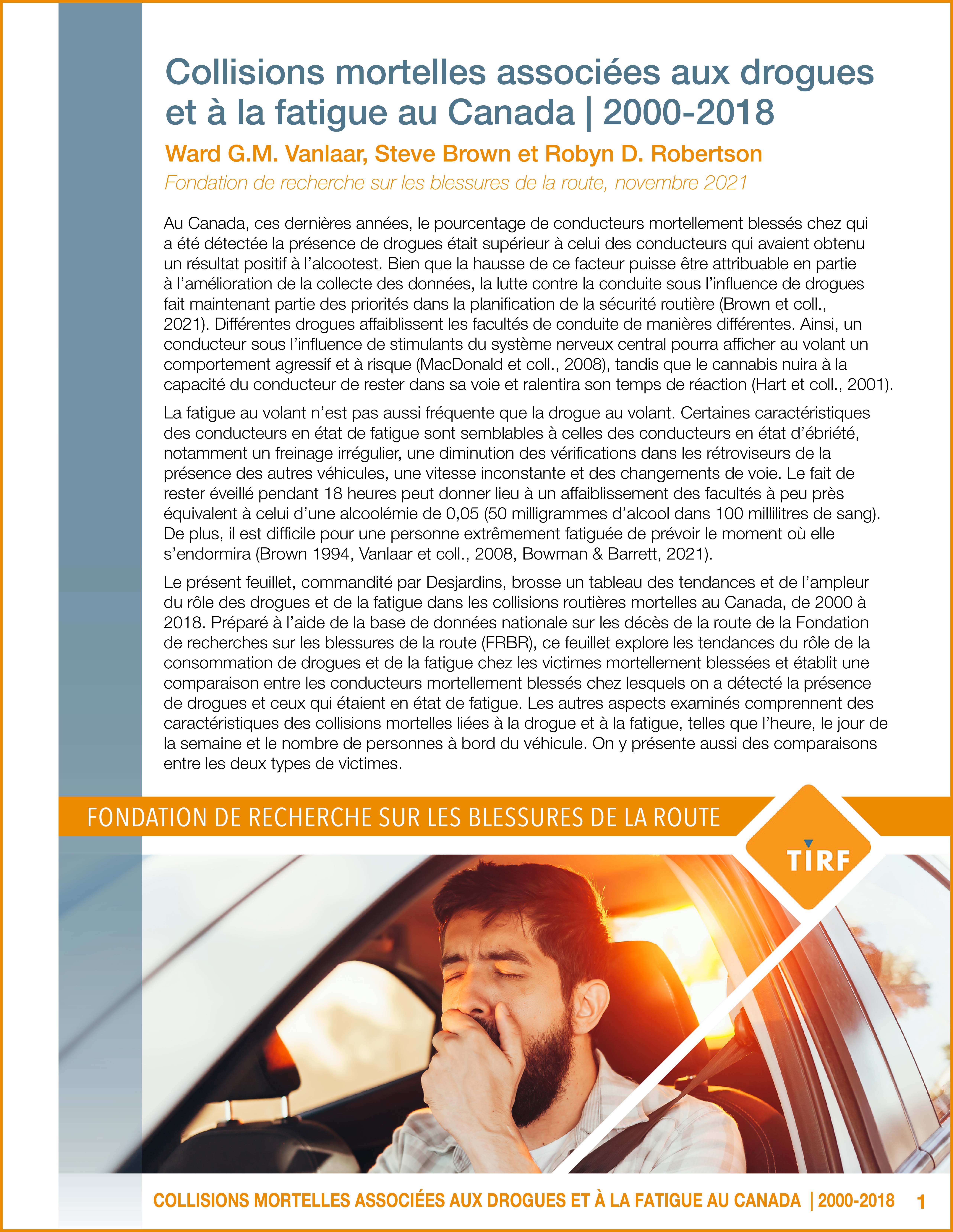 Collisions mortelles associées aux drogues et à la fatigue au Canada | 2000-2018