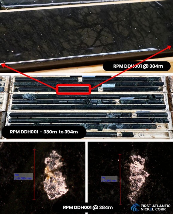 Image showing discovery hole RPM DDH001 (24-AN-02) with disseminated sulfur-free nickel-iron alloy (awaruite). Top image showing close-up of drill core at 384 meters with coarse grained disseminated awaruite; middle image showing core boxes from 380 meters to 394 meters, end of hole; bottom images showing microscope photos of individual large grains of awaruite, 580 microns to 667 microns at 384 meters. 
