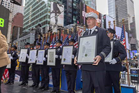 FDNY, NYPD, PAPD Officers Hold Proclamations in Times Square on October 28 from President Biden, 13 Governors, and NYC Mayor Eric Adams Supporting a ‘National First Responders Day’