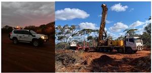 Figure 1: Pictures of Macarthur light vehicle on site at twighlight, and mobilisation of diamond core drill rig at Moonshine. 