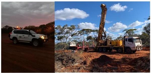 Figure 1: Pictures of Macarthur light vehicle on site at twighlight, and mobilisation of diamond core drill rig at Moonshine. 