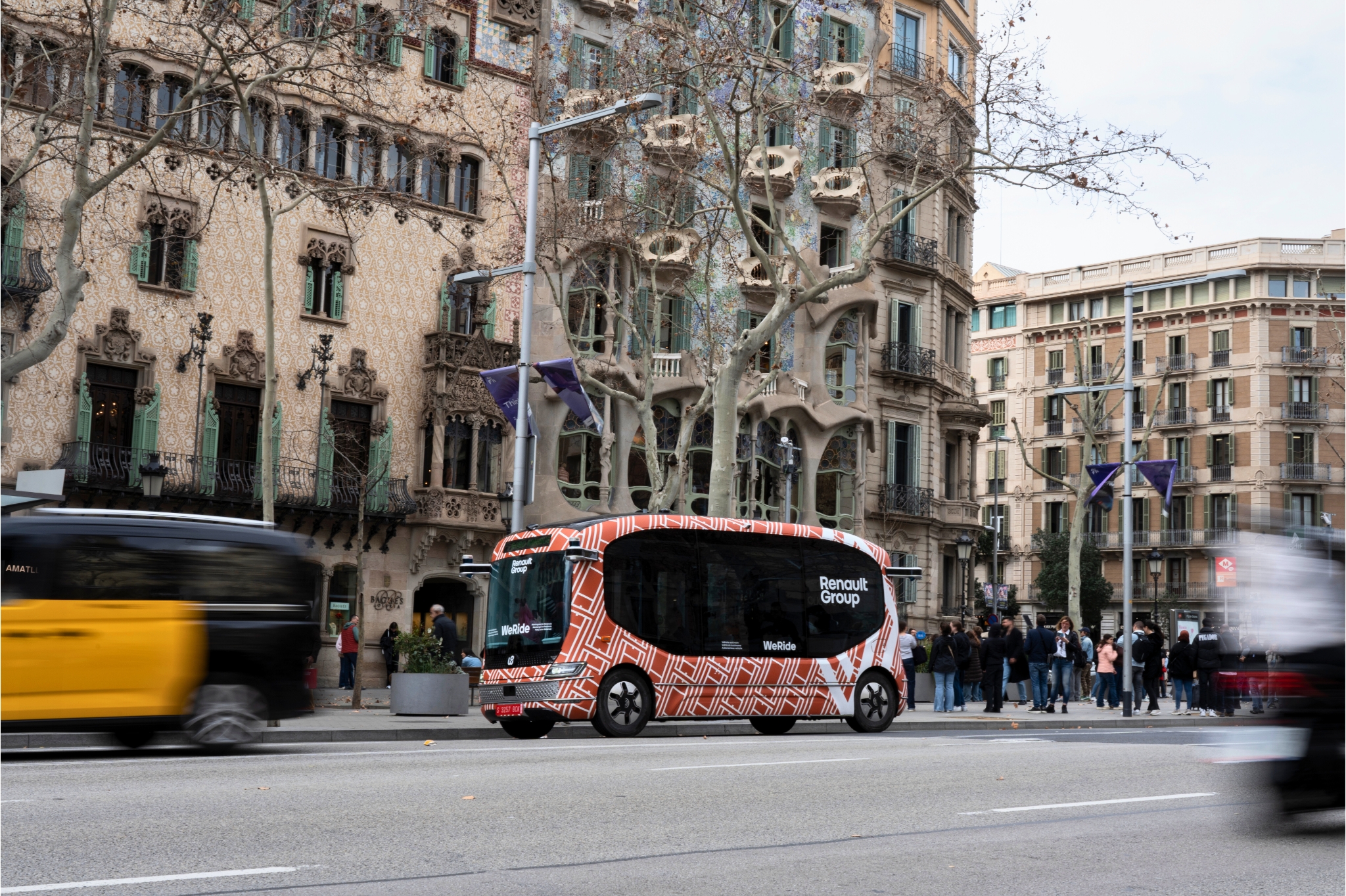 WeRide Robobus driving on the streets of Barcelona