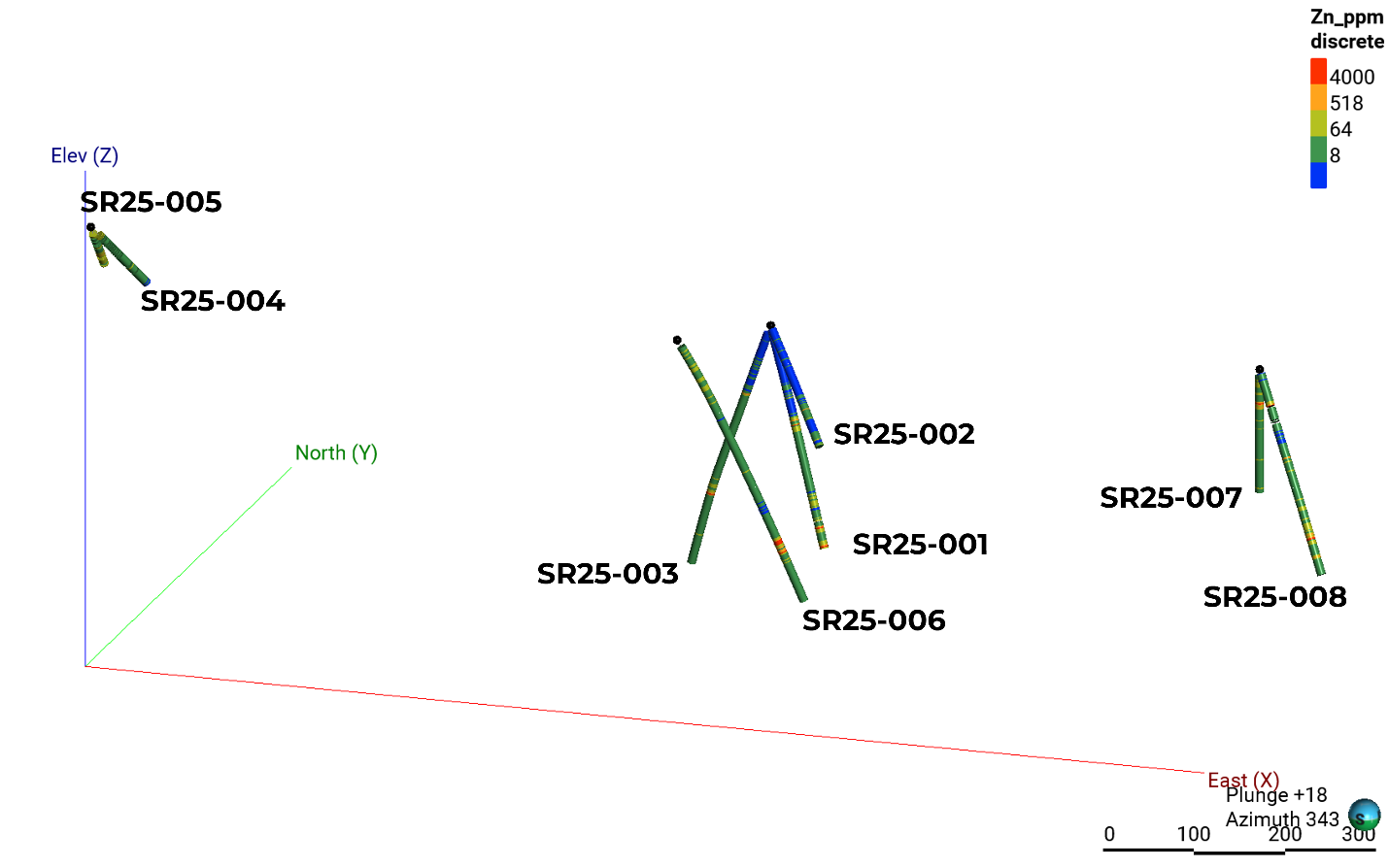 3D visualization of drill holes showing silver and zinc intercepts.