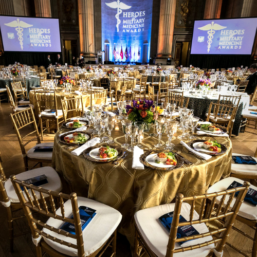A photo of the dinner set up from the 2018 Heroes of Military Medicine Dinner. 