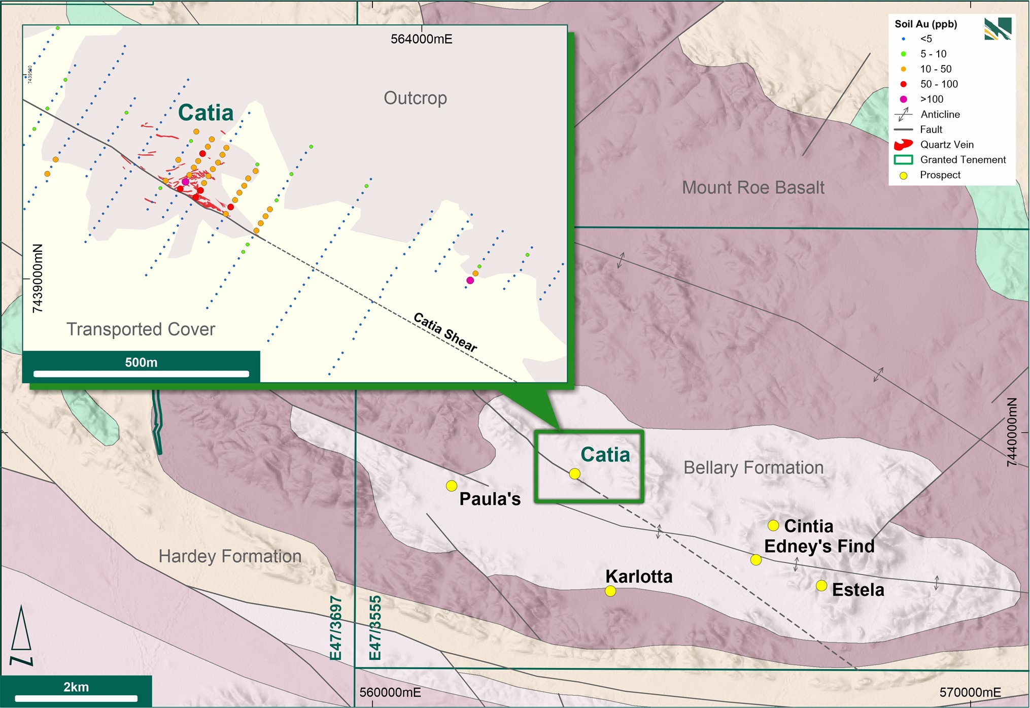 The Bellary Dome Project showing gold prospects and the Catia Shear