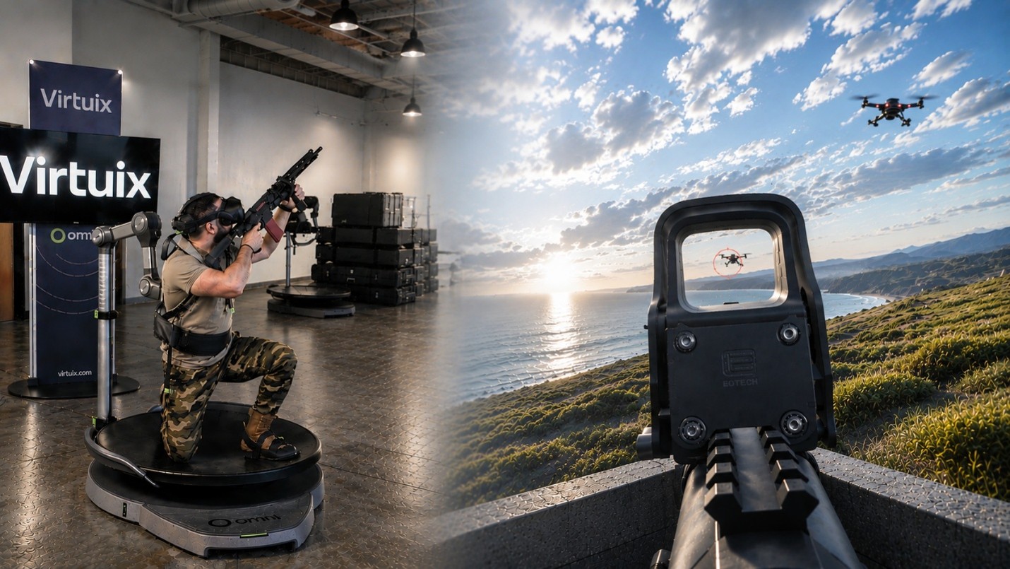 AI-enabled training platform training warfighters to detect and defeat hostile drones through realistic, full-body simulation. 