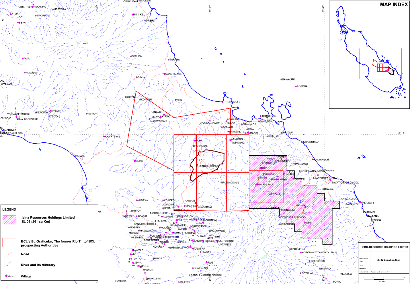 Map of Central Bougainville Showing Historic Panguna Licenses and EL02