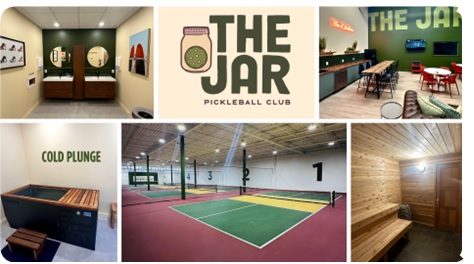 The Jar Pickleball Club amenities include a lounge, sauna, cold plunge tub, locker room, and private showers and change rooms.