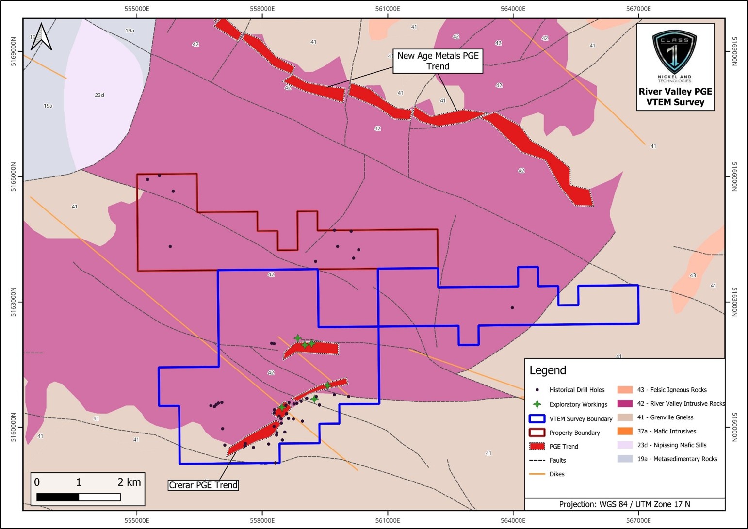 Outline of the RV Project mining claims (red boundary) that define the River Valley PGE Project and the area surveyed (blue boundary) using Geotech’s VTEMTM Plus airborne system (base geology from OGS, 2011: Ontario Geological Survey. 1:250 000 scale Bedrock Geology of Ontario; Miscellaneous Release–Data 126 – Rev.1).