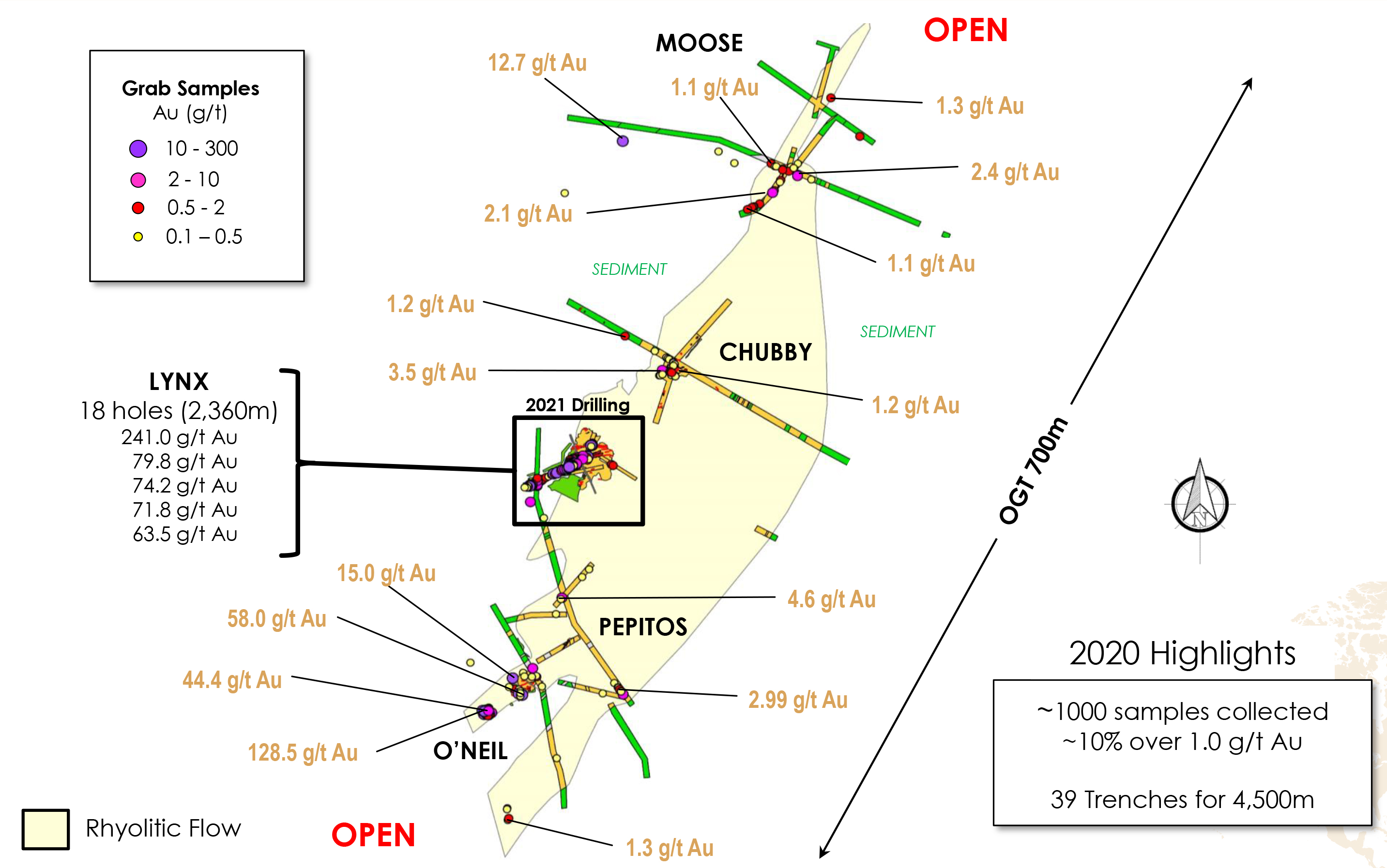 Figure 2: The O’Neil Gold Trend Selected Grab Samples Collected at Surface