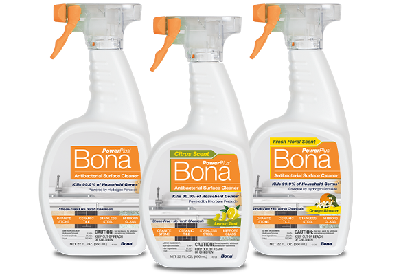 EPA certified, Bona® PowerPlus® Antibacterial Surface Cleaner is specifically formulated for sealed non-porous hard surfaces. The ready-to-use antibacterial cleaner kills 99.9% of household germs* through the power of hydrogen peroxide and is available in unscented, Lemon Zest or Orange Blossom scents.

*Kills 99.9% of Influenza A H1N1 Virus, Rhinovirus, Escherichia coli, Listeria monocytogenes, Pseudomonas aeruginosa, Salmonella enterica, Staphylococcus aureus, Methicillin-resistant Staphylococcus aureus [MRSA], and Trichophyton mentagrophytes on hard, non-porous surfaces in 10 minutes.