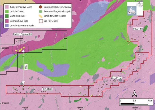 Figure 2: Big Hill property showing the location of the Kraken lithium-bearing pegmatites with exploration targets.