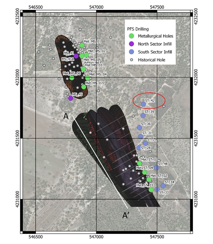 Plan view of Venda Nova with locations of the reported drill holes and wireframes of new domains