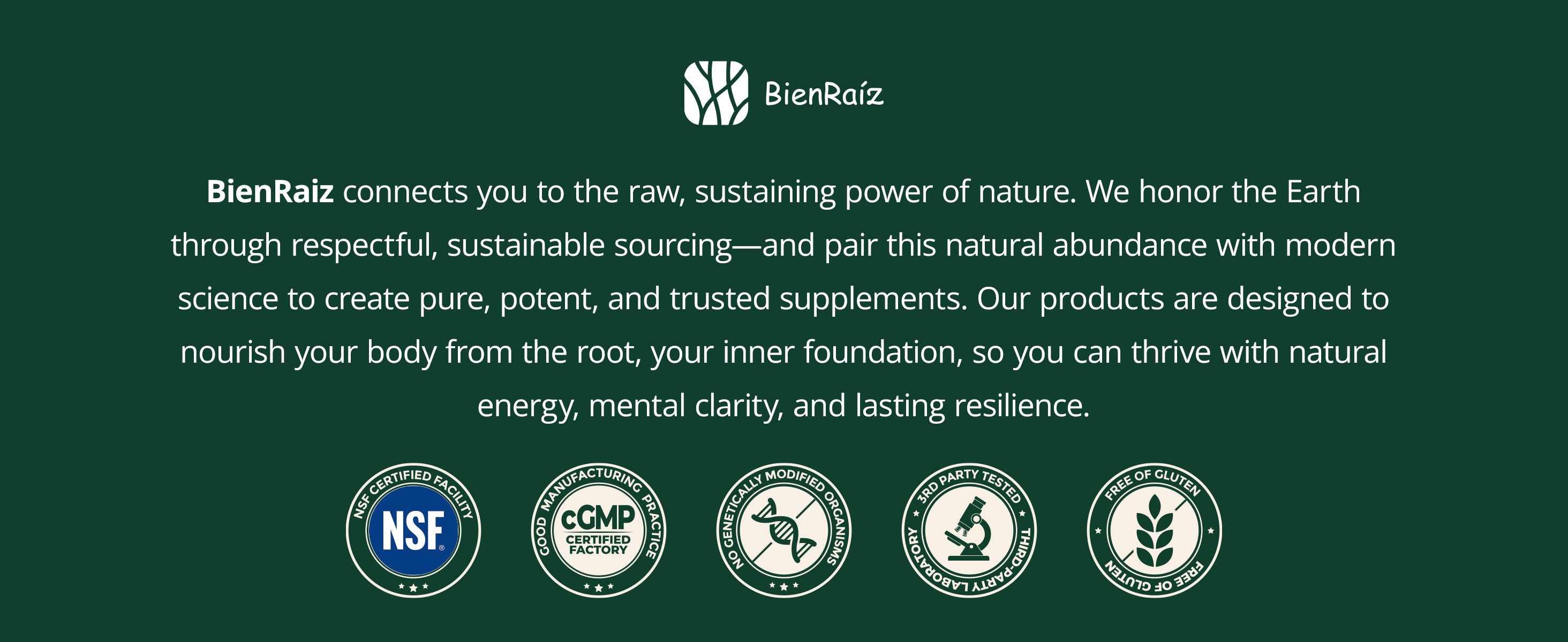 BienRaíz brand certifications include NSF, cGMP, Non-GMO, third-party tested, gluten-free magnesium glycinate supplement quality promise.