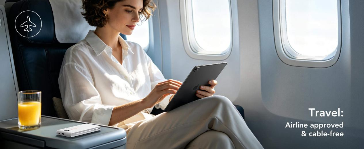 Airline-approved portable charger with cable-free design. A true travel essential for stress-free charging on the go.