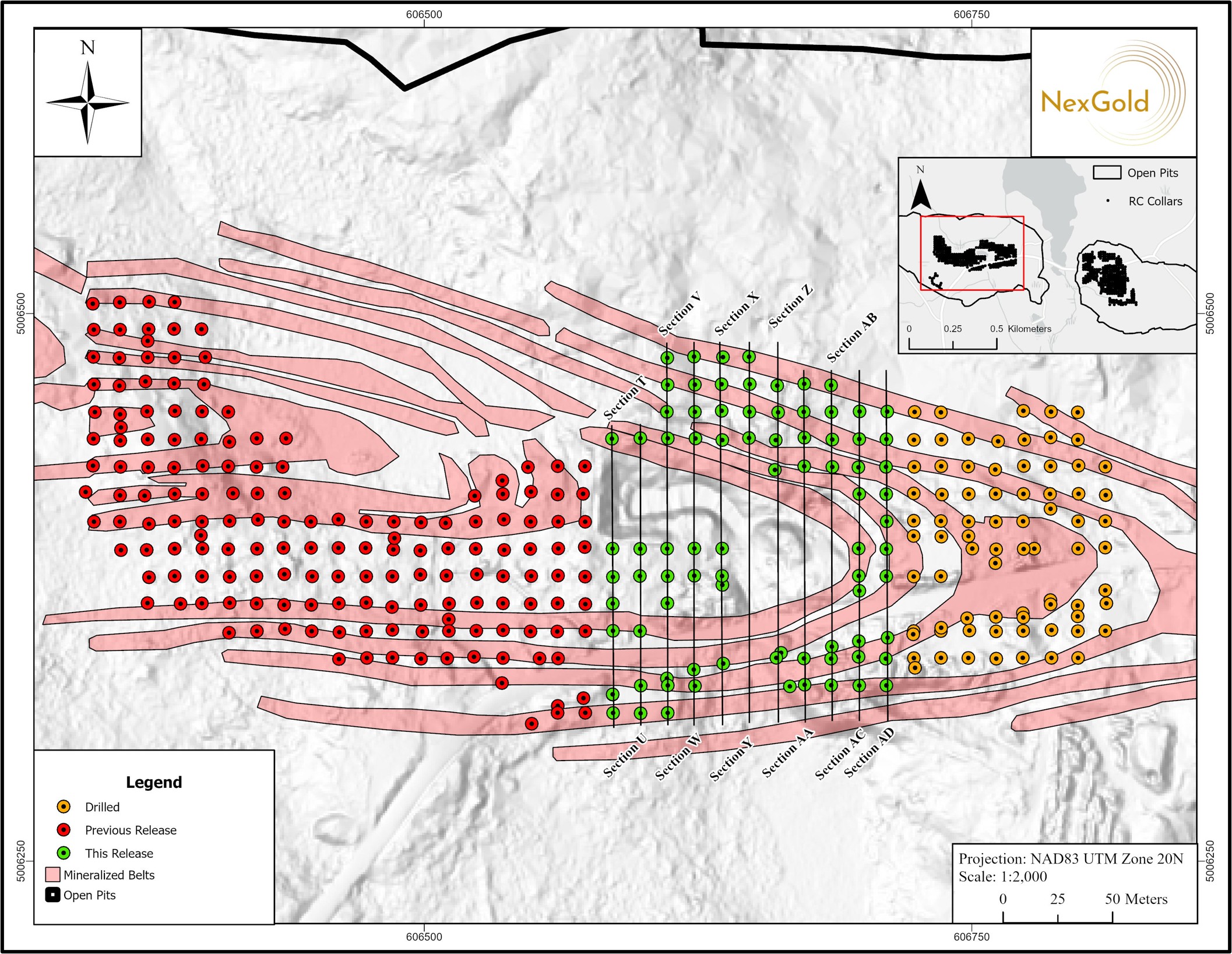 A map showing the location of drill holes reported in this news release and the associated cross sections relative to planned early-years of mining as reported in the 2021 Feasibility Study.