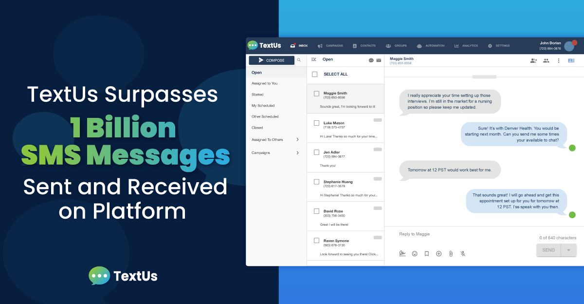 TextUs Celebrates 1 Billion Messages Sent and Received