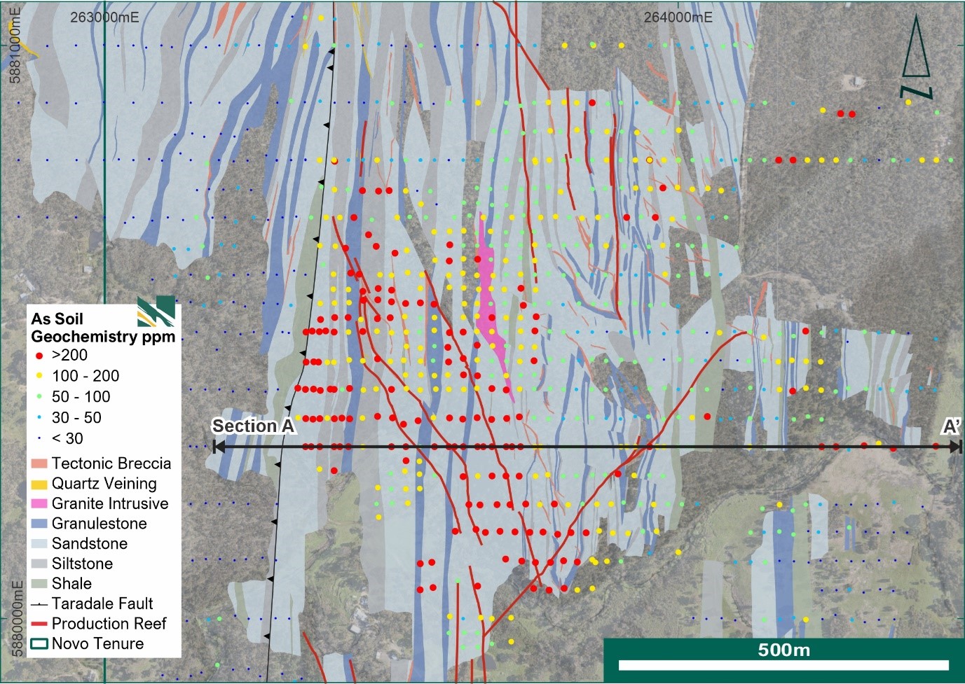 Geological mapping, production reefs, and arsenic soil geochemistry which is coincident with the extensive alteration footprint. Section A-A’ below shown as black line