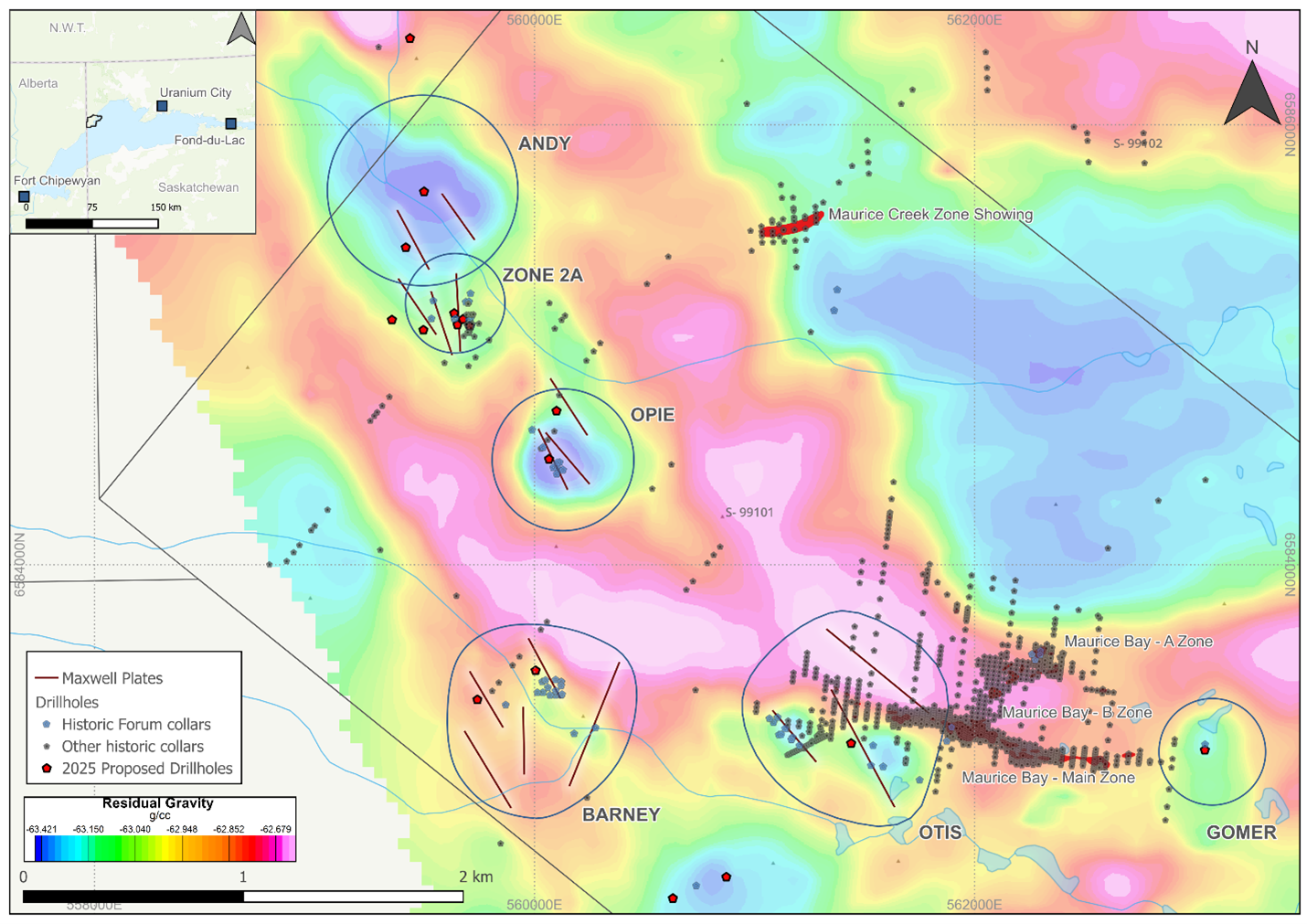 The residual gravity is the background and the historical drill collars are shown.  The reprocessed Maxwell Plates are the solid lines and were generated from the historical HLEM data and will be used to aid in drill targeting.