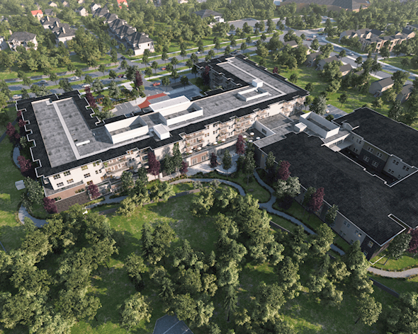 Overhead view of The Scenic Grande Retirement Residence in Calgary, Alberta.