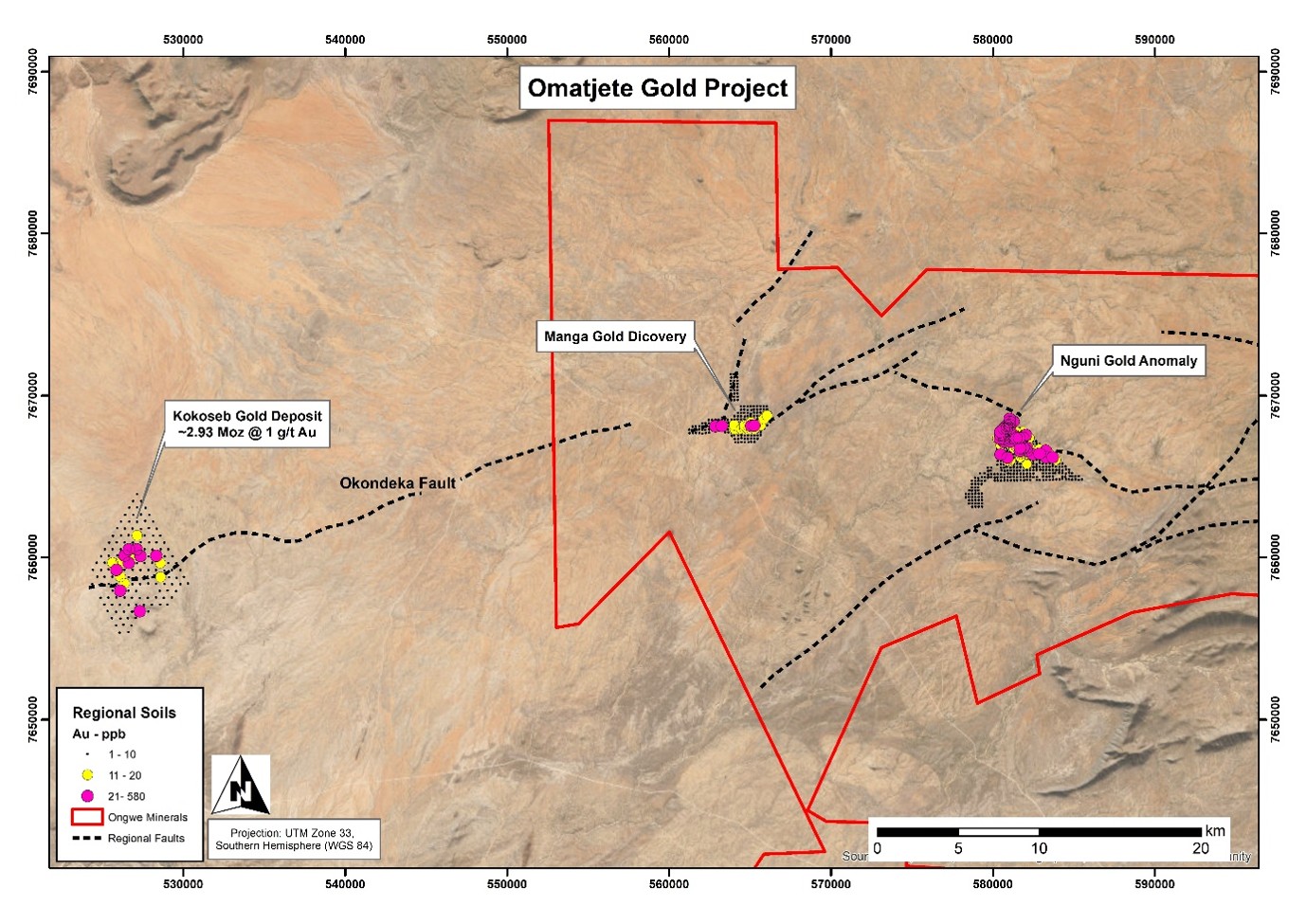 Regional map illustrating the Nguni gold anomaly in relation to the Manga gold discovery and the initial soil sampling results at the Kokoseb Gold Deposit (WIA Gold, Press Release ASX, 6 September 2021). The image highlights the primary structural control of the Okondeka Fault Zone and the scale of initial gold-in-soil results across the three discoveries. 
