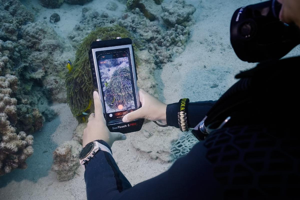A diver frames a clownfish through the SeaTouch touchscreen, using the phone's own camera interface at depth