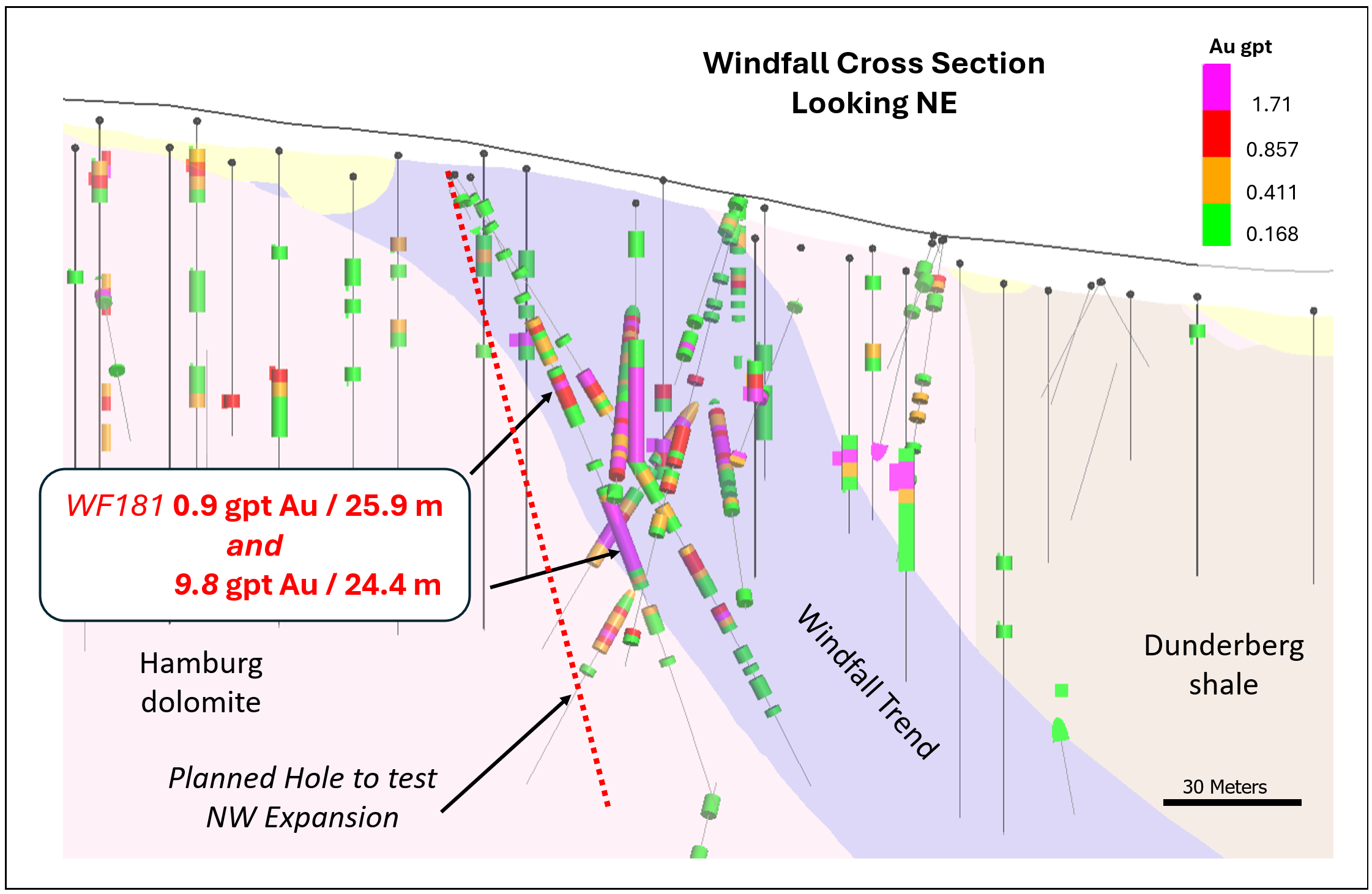 Fig. 2. Windfall Cross Section High-grade Results in Drillhole WF181