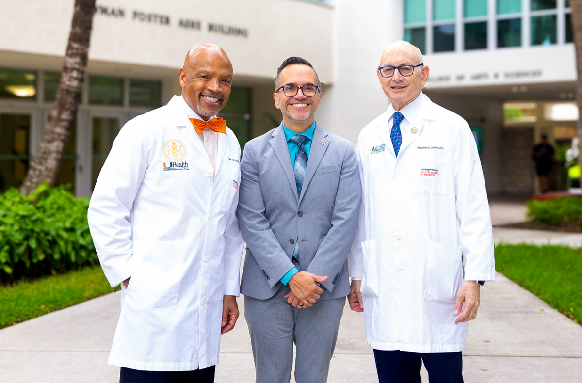 From left: Dr. Henri Ford, dean and chief academic officer of the Miller School of Medicine; Guillermo “Willy” Prado, interim executive vice president for academic affairs and provost; and Dr. Stephen Nimer, executive dean for research at the Miller School and director of Sylvester Comprehensive Cancer Center. Credit: Joshua Prezant/University of Miami