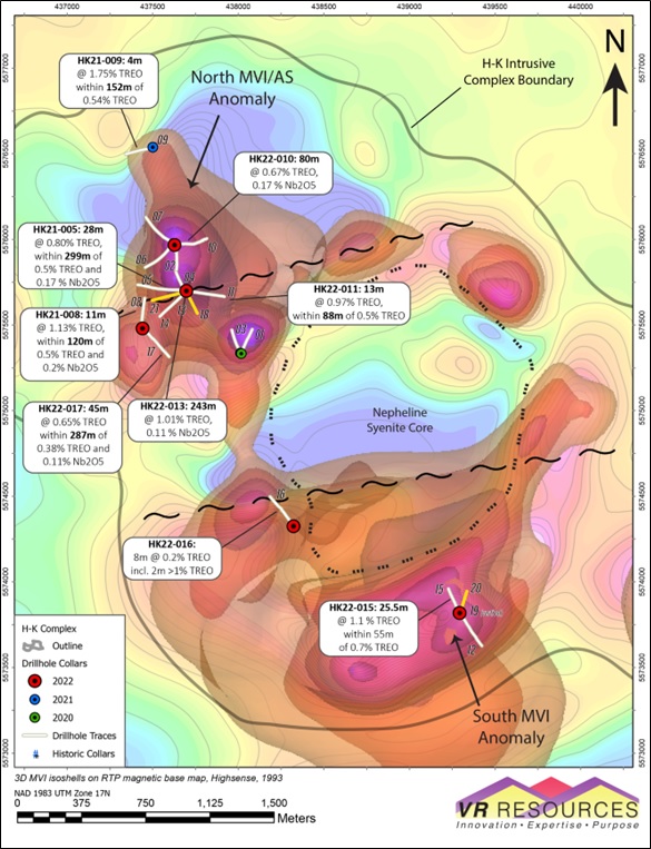 Key critical metal intersections from the first 17 drill holes completed at Hecla-Kilmer, and locations of the five new holes completed in October, 2022, plotted on a contoured RTP magnetic base map with superimposed 3D isoshells from the MVI inversion.