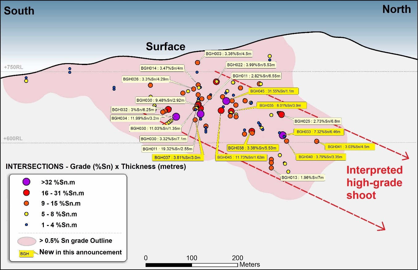 Figure 1: Mpama South Long section and Interpreted High-Grade Shoot.