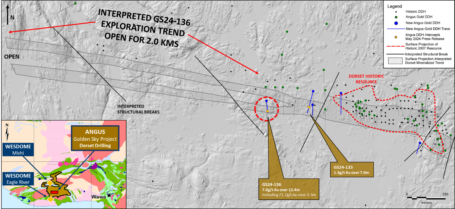 Surface Map – Dorset Gold Trend new drilling, Golden Sky Project Location Map.