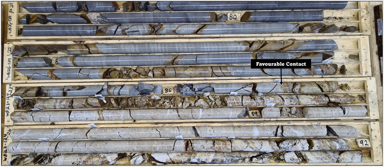 Quartz veins / Brecciated stockwork with py+ga+cpy @ 86.4 m downhole depth (WB23-124) 