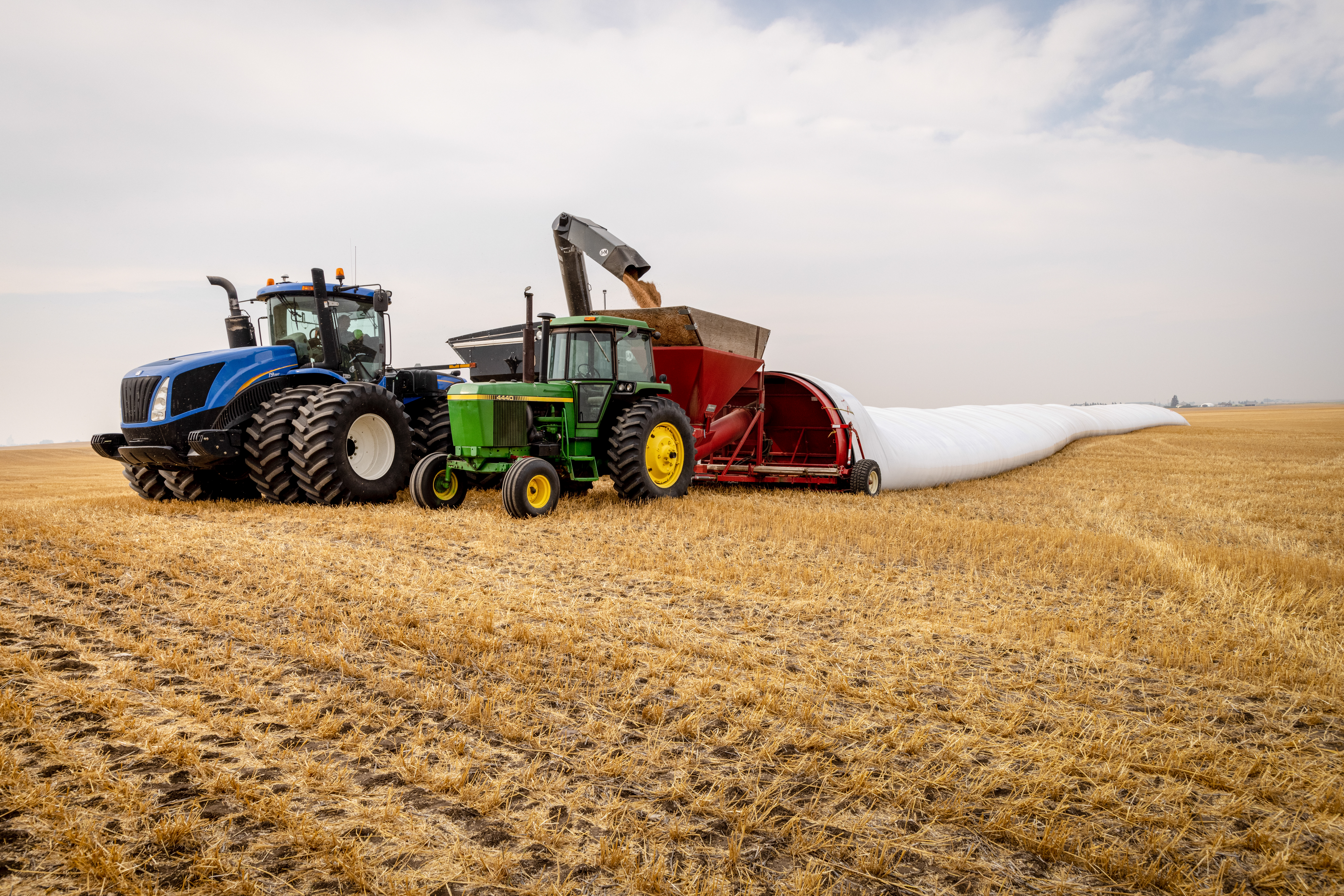 A Grain bag being filled up in a field in Alberta