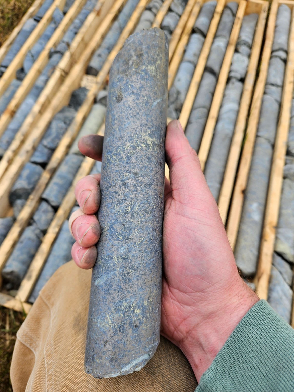 Figure 1: Part of a split section of drill core from hole 23-GL-01 showing massive sulphide.