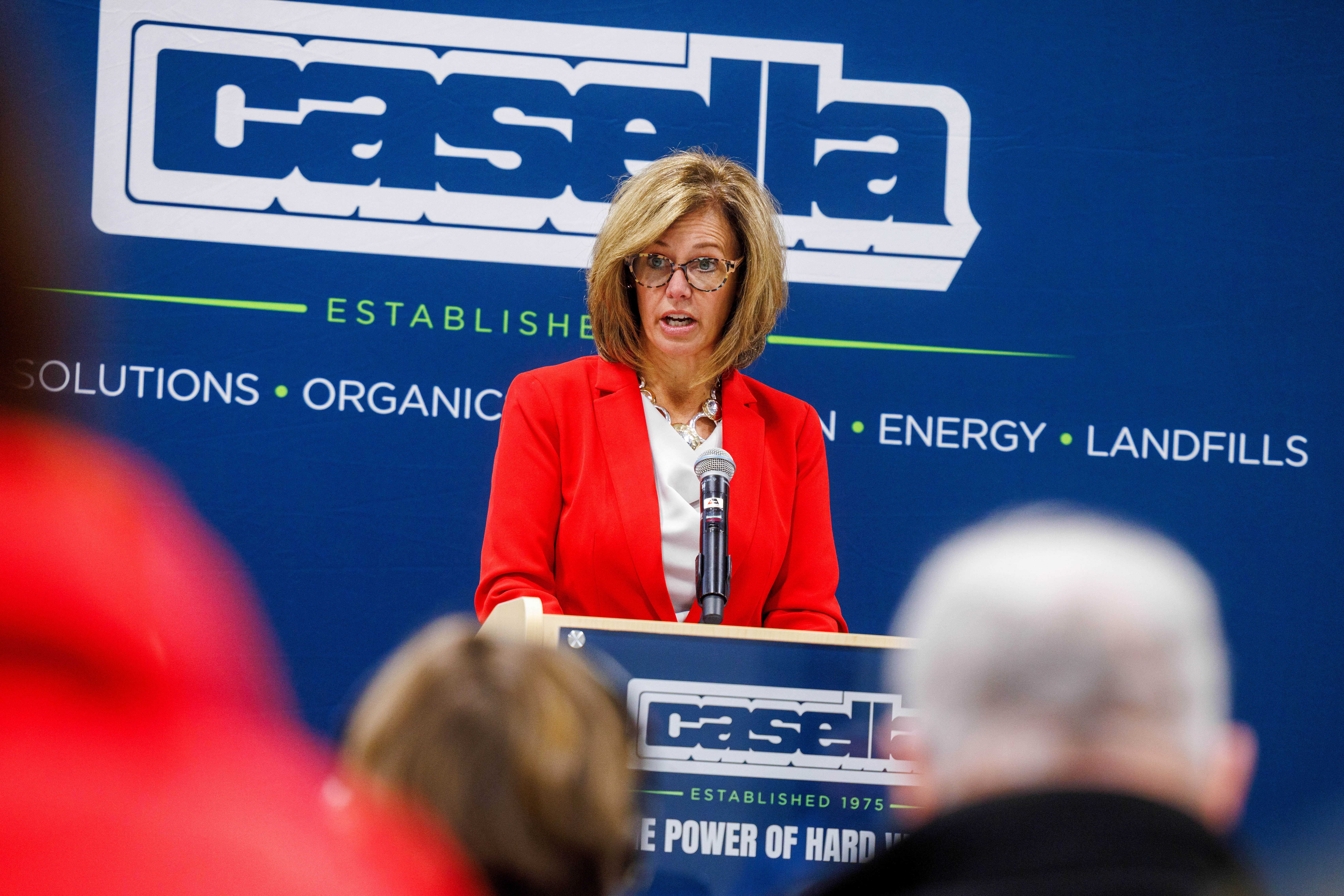 Vermont’s Agency of Commerce and Community Development Secretary, Lindsay Kurrle, provides remarks at the dedication of the Kenneth A. Hier Sr. CDL Training Center.