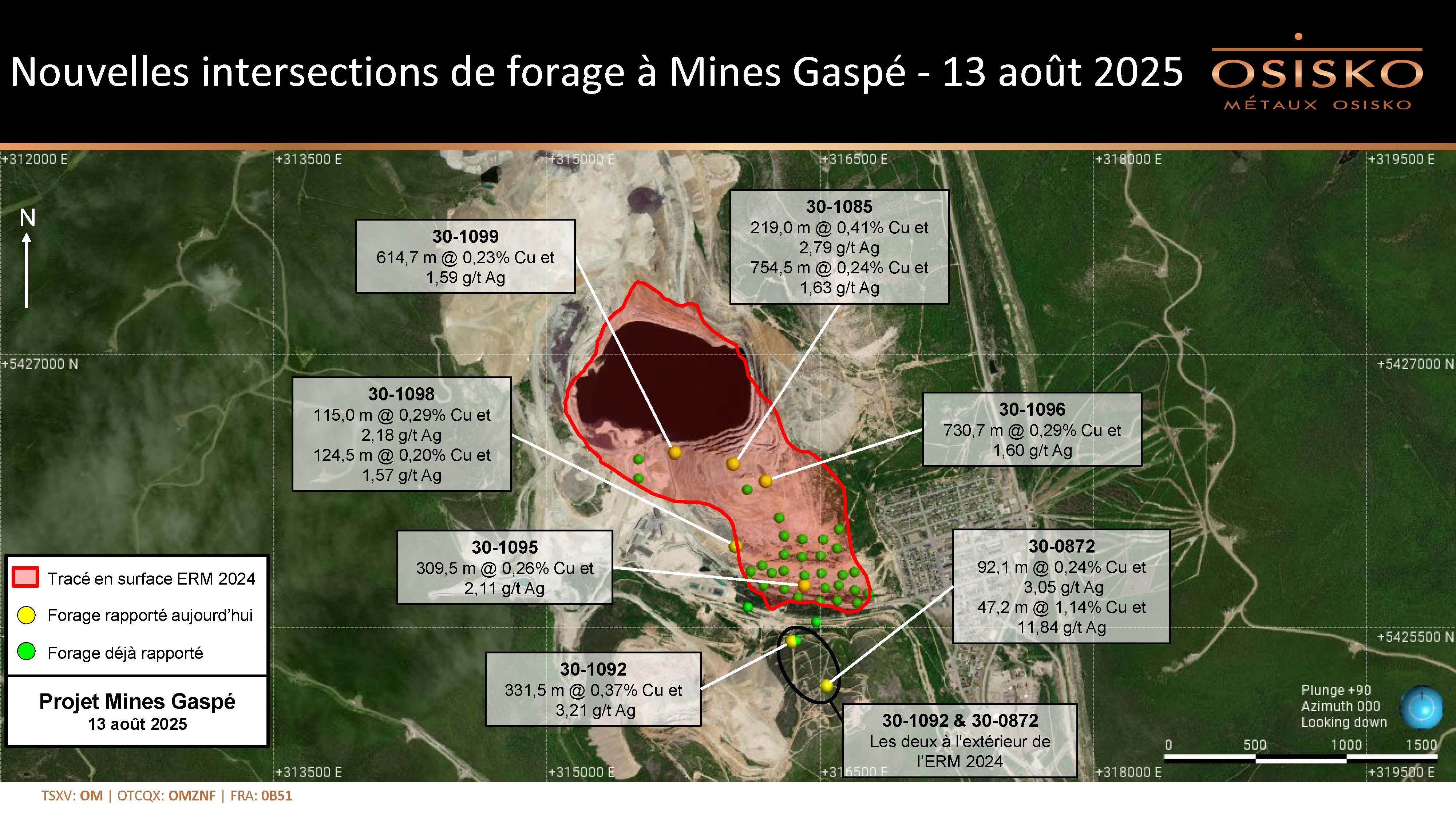 Metaux Osisko: Nouvelles intersections de forage à Mines Gaspé - 13 août 2025 (vue en plan)