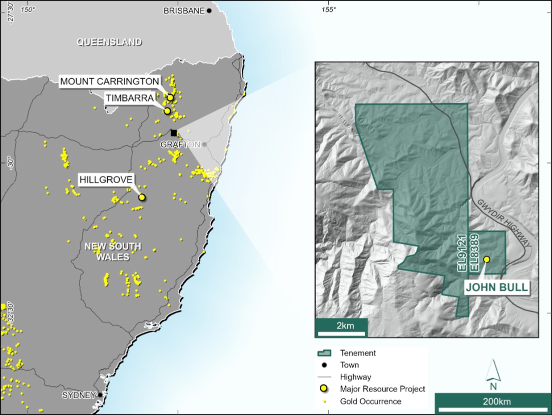 Location of the John Bull Gold Project, in northeastern NSW. 