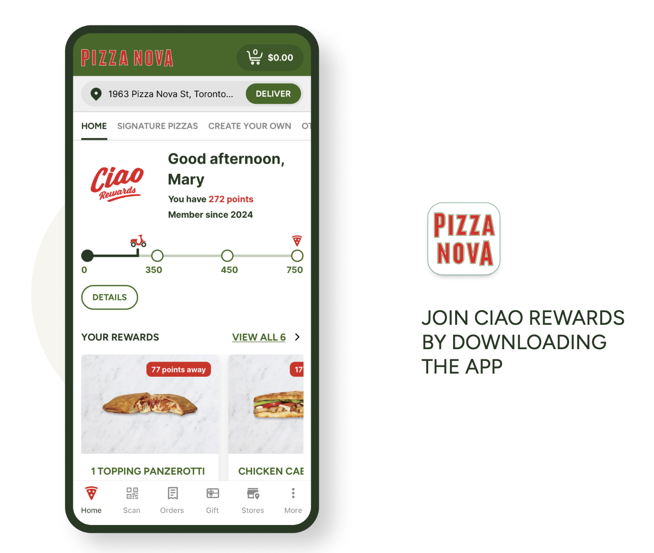 Pizza Nova’s new loyalty program, Ciao Rewards, offers exclusive rewards to users. 