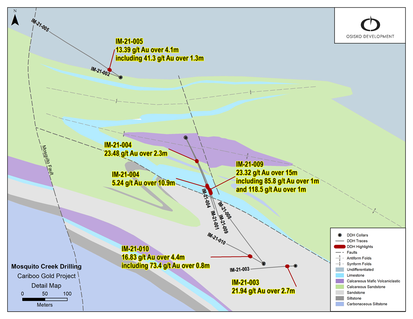 Figure 2: Mosquito Creek detail area with drill intercept highlights